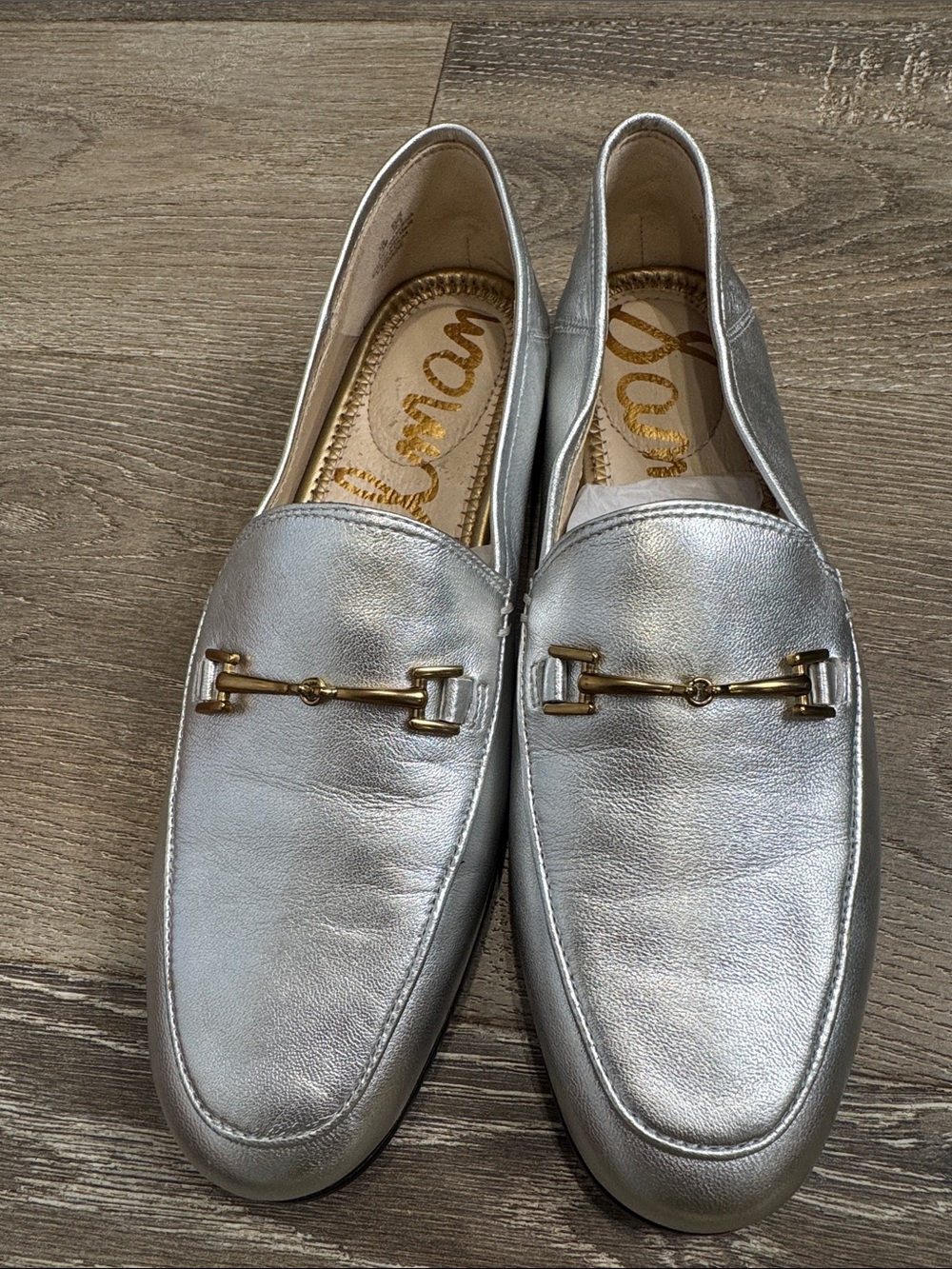 Sam Edelman Loraine Silver Leather Loafers with Gold Bit